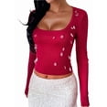 thumbnail image 1 of Chemises à Manches Longues pour Femmes Crop Tops Mode Automne Col Carré Sorties Basiques Tees Vêtements Y2k Rouge Vin P, 1 of 7