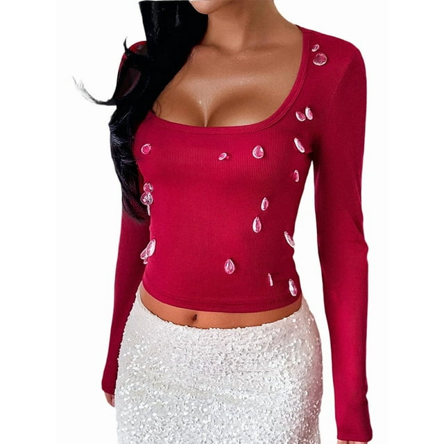 Womens Long Sleeve Shirts Crop Tops Fall Fashion Square Neck Going Out Basics Tees Y2k Clothes Wine Red M