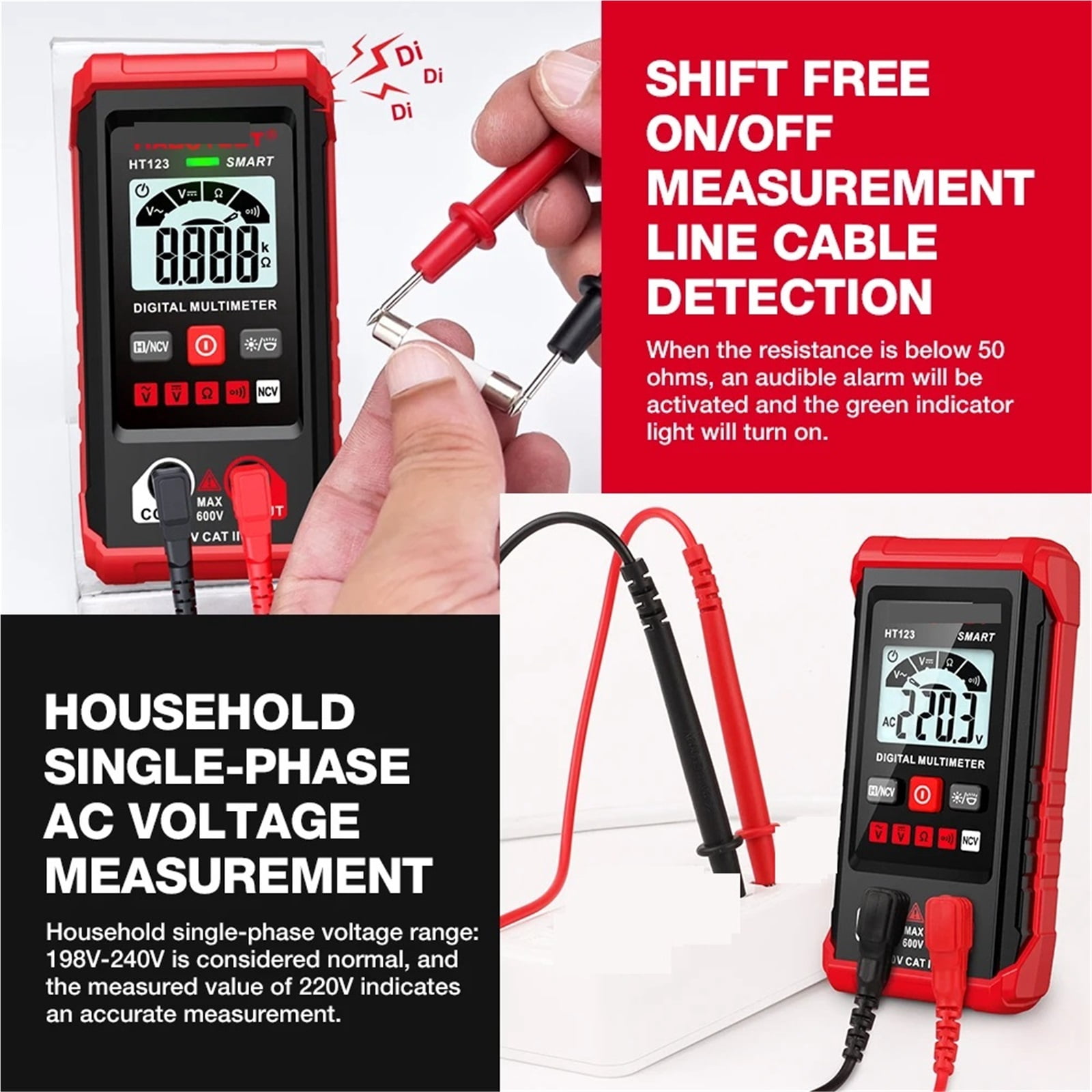 Smart Digital Multimeter AC/DC Voltage Resistance Continuity Measurement Tester NCV Multimeter With Backlight ,Battery Test
