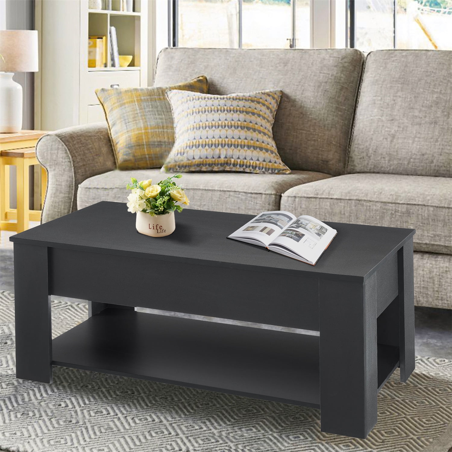 Kadyn Modern Wood Lift Top Coffee Table, Pop-up Coffee Table with Hidden Compartment, Living Room Table with Shelf, Black