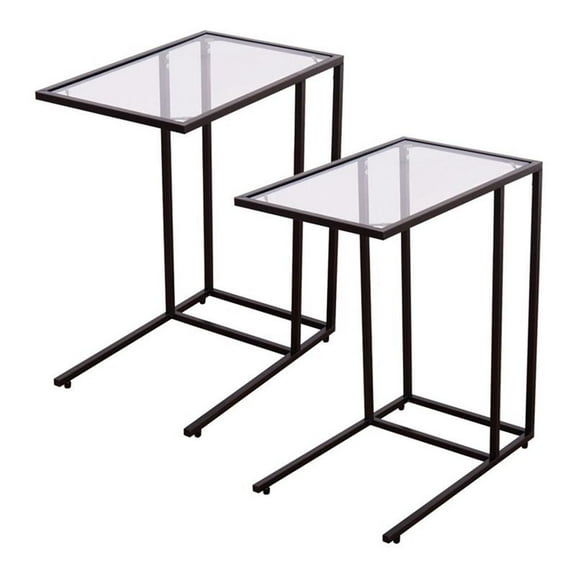 Pemberly Row Contemporary Glass and Steel Side End Table in Black (Set of 2)