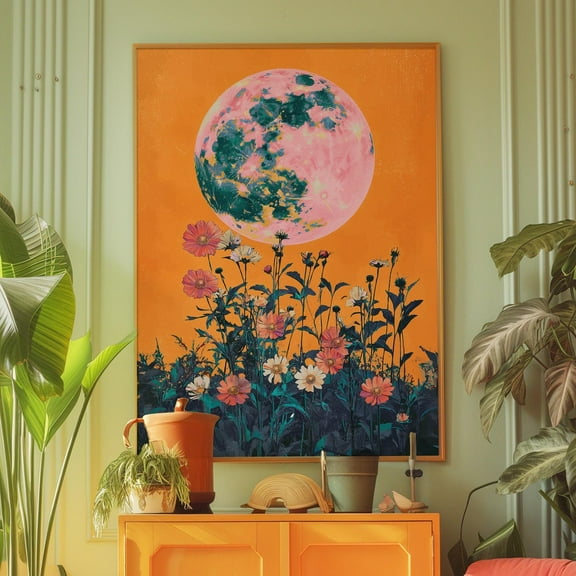 Wildflowers Moon Poster, Orange And Pink Moon Wall Decor, Mystical Moon And Flowers Vintage Print, Retro Aesthetic Wall Art, 70S Wall Decor Wall Art, Modern Wall Decor, 8x12 UNFRAMED