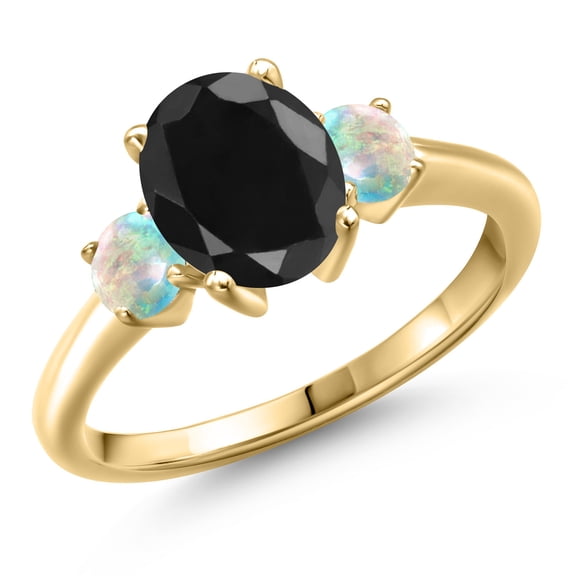 Gem Stone King 10K Yellow Gold Black Sapphire and Simulated White Opal Engagement Ring for Women | 3.00 Cttw | Oval 9X7MM | Gemstone September Birthstone | Size 8
