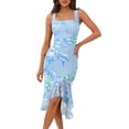 thumbnail image 1 of Vestido MEROKEETY de verano para mujer, ajustado con estampado floral, azul, malla, midi, 1 of 8