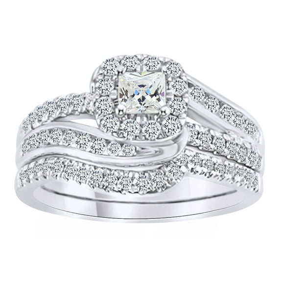 Princess Cut White Natural Diamond Halo Bypass Bridal Ring Set In 14K Solid White Gold (1 Ct)