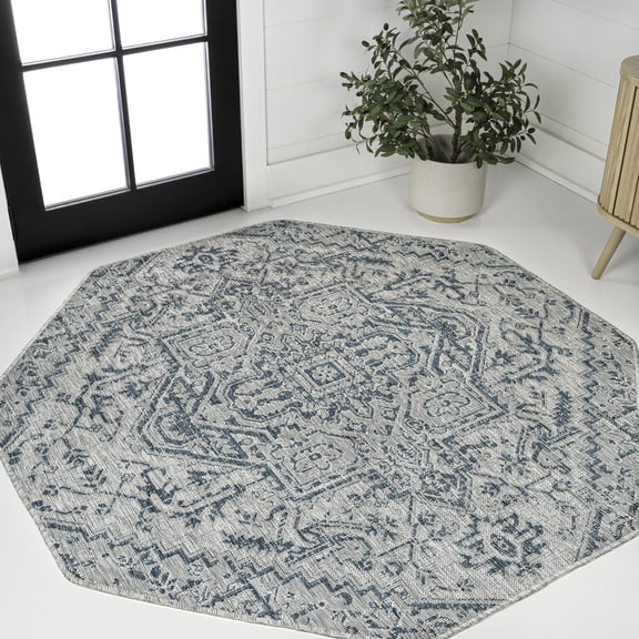 JONATHAN Y SANTA MONICA 8' Octagon Area Rug, Estrella Bohemian Medallion Textured Weave - Teal/Gray, SMB105C-8TGN