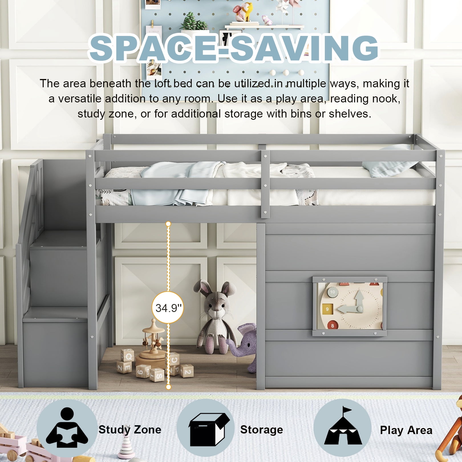 Bellemave Low Loft Bed with Stairs, Twin Size Loft Bed with LED Light and Storage Space, Wood Loft Bed Frame for Bedroom (Gray)