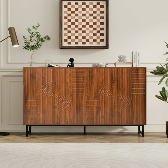 Noble House 59" Mid-Century Sideboard Buffet, Geometric Carved Doors, Metal Legs, Entryway Storage Cabinet, Walnut
