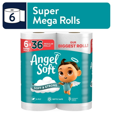 Angel Soft 2-Ply Toilet Paper, 6 Super Mega Rolls