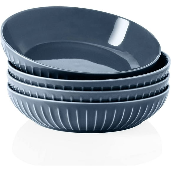 HHHC Large Pasta Bowls 45 Ounce, 1.3 Quart, Porcelain Salad Bowls - Set of 4, Shallow Soup Bowls Plates, Large Serving Bowls, Striped Series, Microwave and Dishwasher Safe, Grey