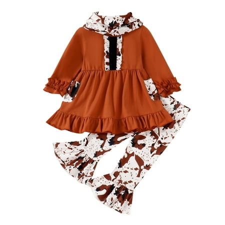 

Diconna Kids Girl Autumn Clothing Suit Long Sleeve Round Neck Ruffle Tops + Bell-Bottom Pants + Scarf Children Outfit Khaki 12-18 Months
