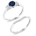 thumbnail image 3 of Gem Stone King 10K White Gold Sapphire & White Created Sapphire and Lab Grown Diamond 3-Stone Bridal Engagement Wedding Ring Set for Women | 0.93 Cttw | September Birthstone | Round 5MM | Size 5, 3 of 6