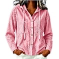 thumbnail image 2 of Women Striped Hooded Shirt Jacket Textured Button Long Sleeve Lightweight Breathable Daily Sun Blouse Tops for Travel Red Raincoat Jacket Lady L, 2 of 7