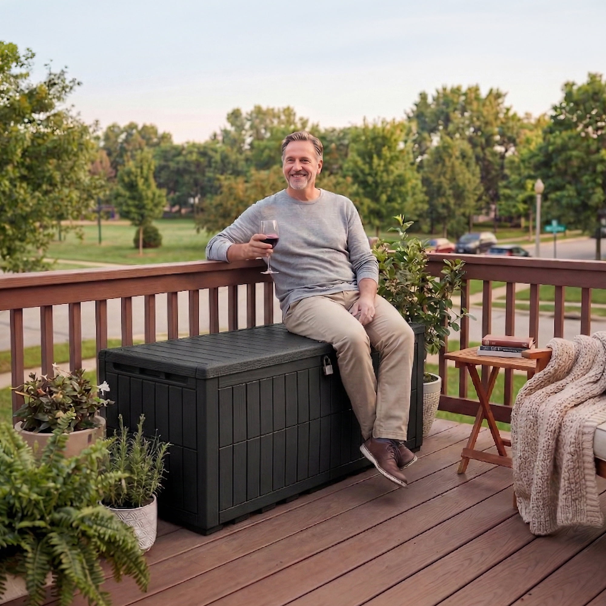 Dextrus 200 Gallon XL Resin Deck Box, Black Waterproof Outdoor Storage Box, Lockable Container with 3-Person Bench Seating, Perfect for Patio Cushions, Garden Tools and Pool Supplies