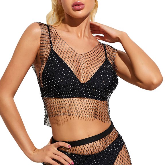 HXWCHs Women's Mesh Crop top with Rhinestone Embellishment Sheer Tank top for Fashionable Layering L Black