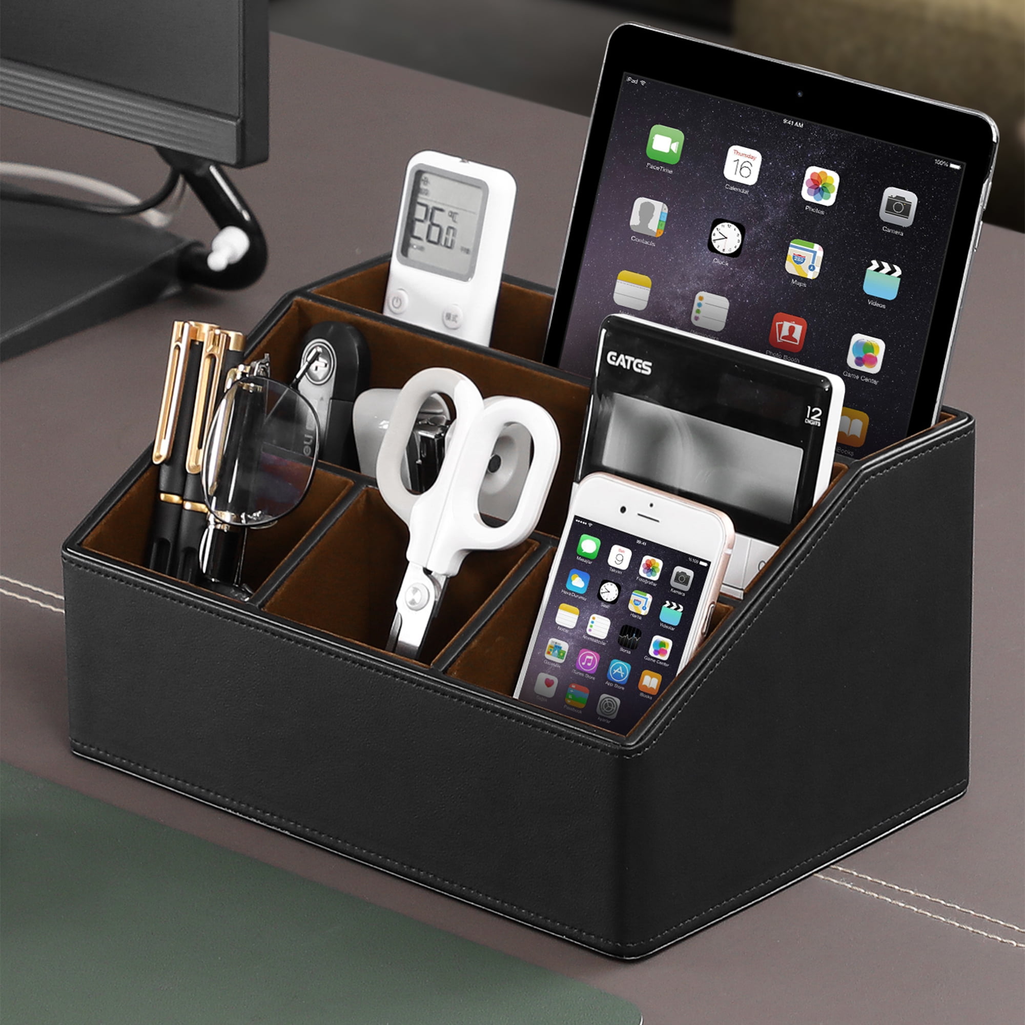 MEIBOOCH PU Leather Desk Organizer, Luxury Remote Control Holder for Home, Office Desk Accessories Table Caddy Bedside Nightstand Organizer (Black)