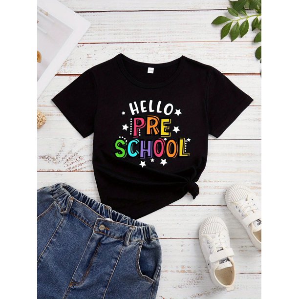 ”Hello Preschool“ Colorful Letter Print Girls' T-Shirt - Short Sleeve, Crew Neck, Cotton Blend, Casual Summer & Spring Top with Knot Detail, Preschool Shirt