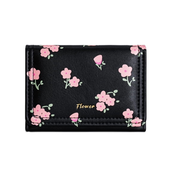 Slim Girls' Aesthetic Floral Tri-Fold Wallet, Black Floral