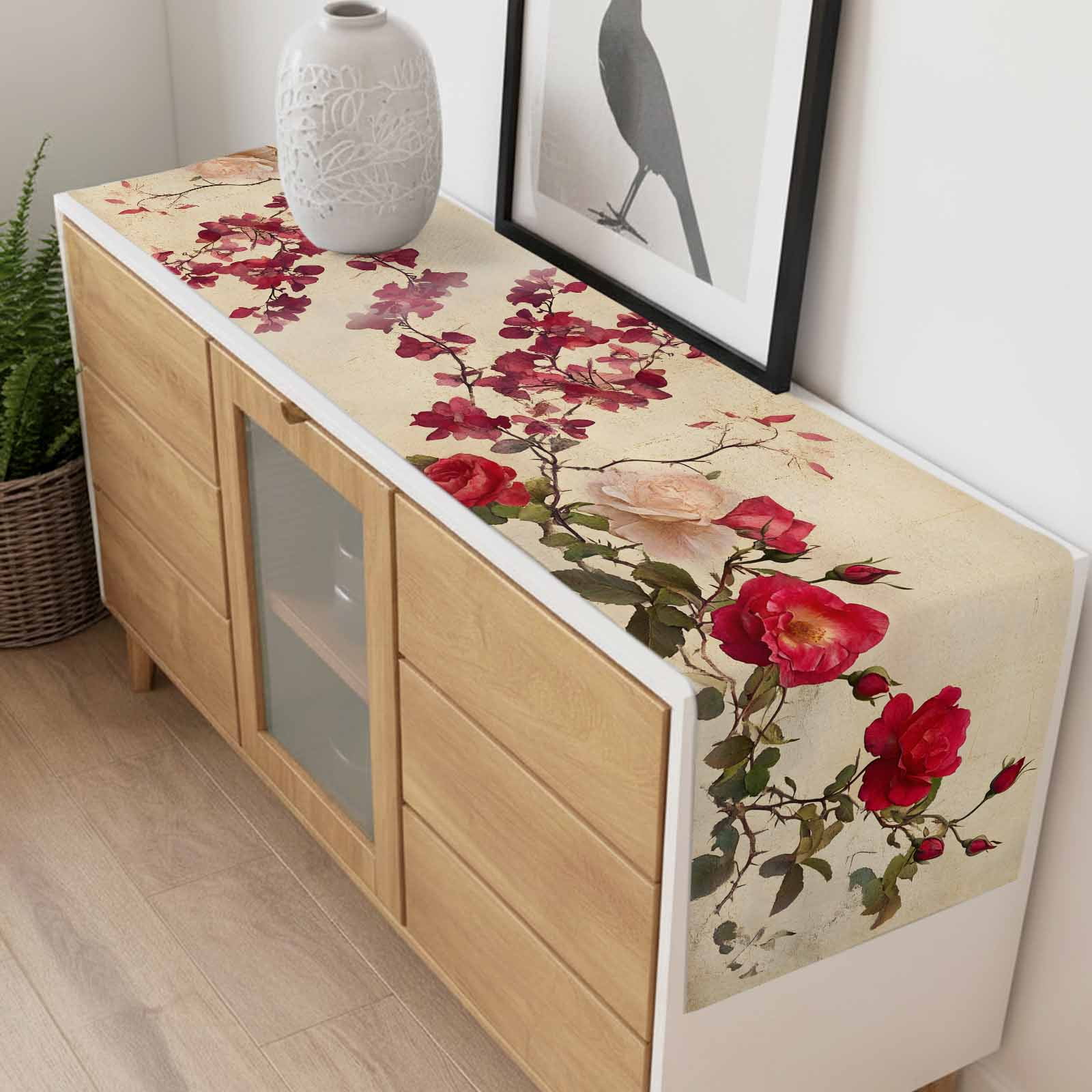 Spring Red Rose Table Runner 13x90 inch Country Watercolor Red Floral Green Leaf Linen Cotton Linen Dining Table Runner Ideal for Dresser Kitchen Coffee Tables - Machine Washable