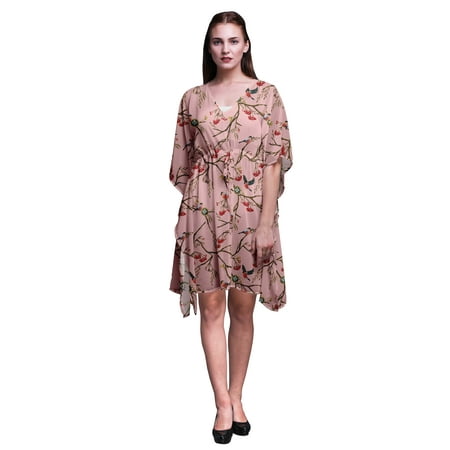 Bimba Light Pink Salmon Bird Red Berries|Nest & Eurasian Bullfinch Beach Kaftan Bikini Cover up Womens Midi Dress Short Caftan-XL-3X