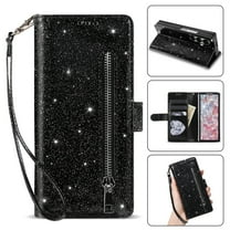 Compatible with Samsung Galaxy Z Fold 7 Wallet Case,Glitter Sparkly Bling PU Leather Zipper Pocket with Credit Card Holder Slots Shockproof Magnetic Clasp Flip Stand Phone Case,Black