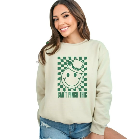 St. Patrick's Day Sweatshirt, Can't Pinch This, Smiley Face, Lucky Clover, Green and White Checkered Unisex Pullover