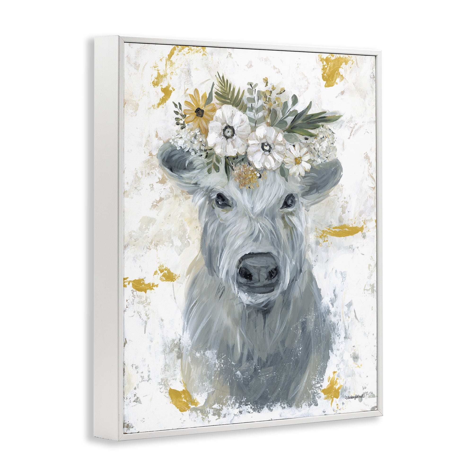Stupell Industries Grey Cattle with Flowers Animals & Insects Painting White Framed Art Print Wall Art, 11 x 14