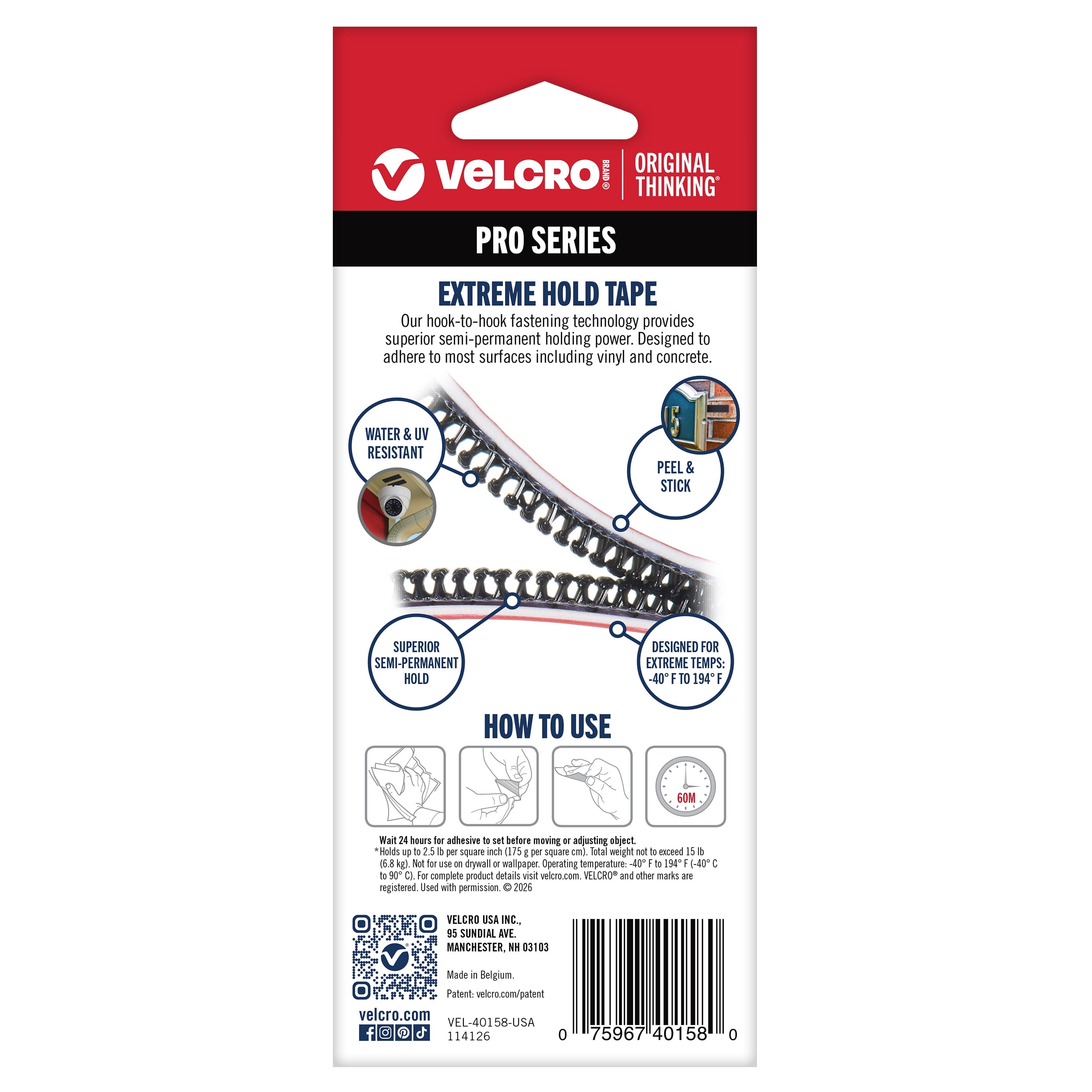 VELCRO® Brand PRO Series Extreme Hold, Up to 15 Pounds, 18in x 1in Tape Black
