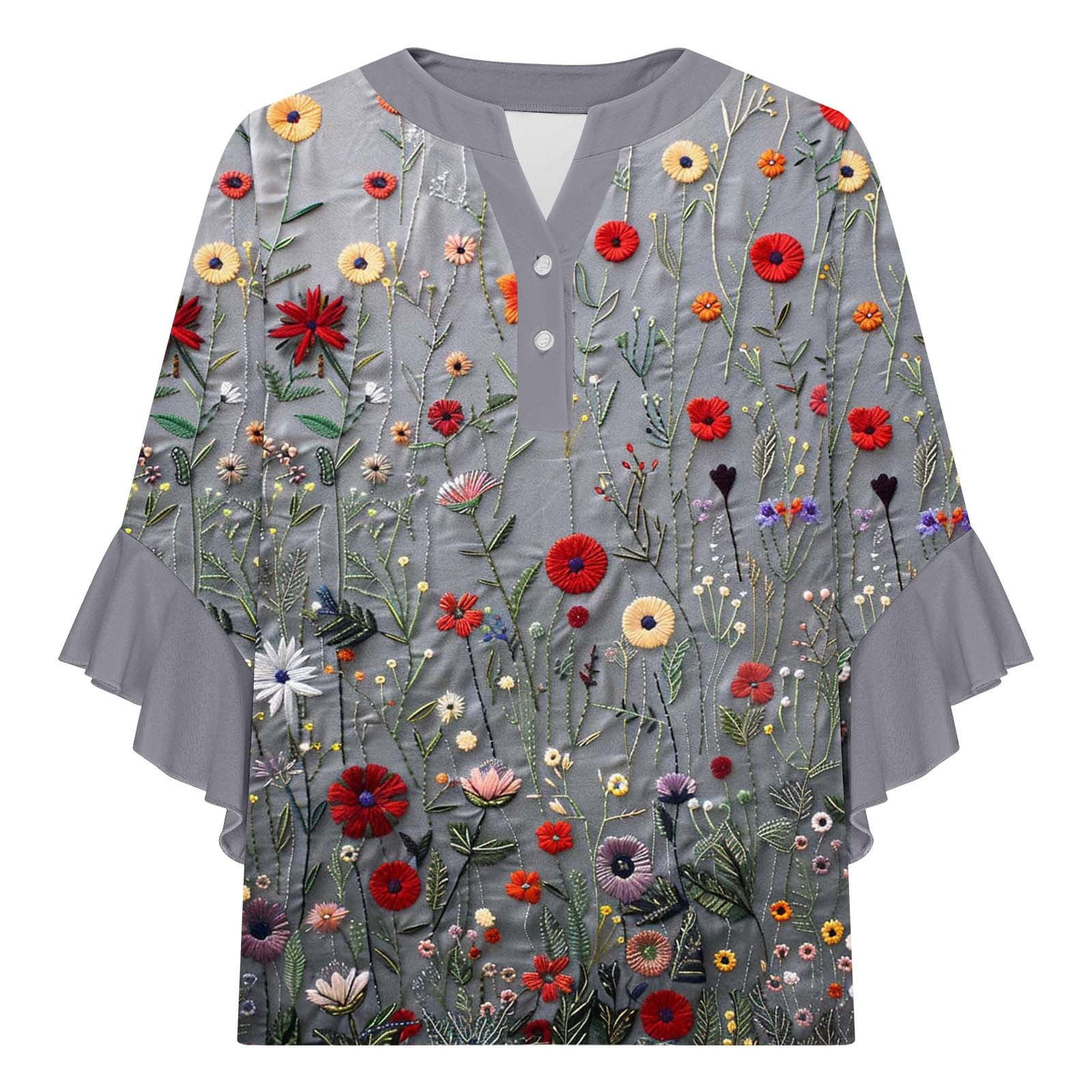 TaTaai T Shirts for Women 3/4 Sleeve V Neck Lace Detail Pleated Button Down Print Loose Tee Soft Stretchy for Brunch