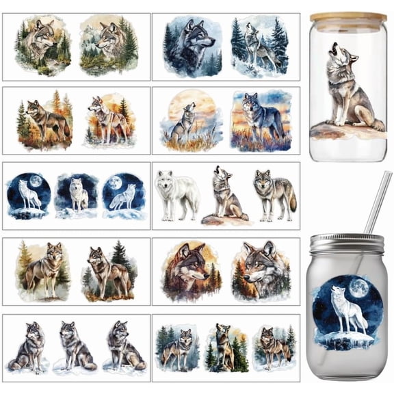 1set 10 Pcs Colorful Wolf Small Pattern Cup Printing UV Transfer Papers 10 Styles Forests Lawns Snowy Mountains UV DTF Cup Wrap Stickers for 16 OZ Glass Cups Crafts 9.5x4.3inch colorful DIY