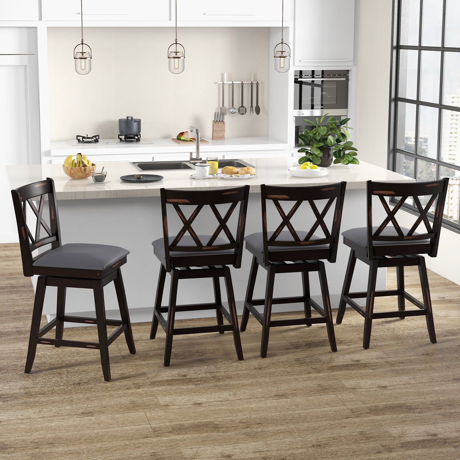 Costway 24" Bar Stools Set of 4 with Ergonomic Backrest Rubber Wood Legs Swivel Height Chairs Black, Gray
