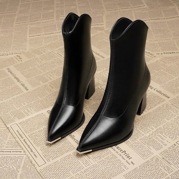 Women's Heeled Ankle Boots Fashion Pointed Toe Chunky Block Heel Side Zipper Short Booties