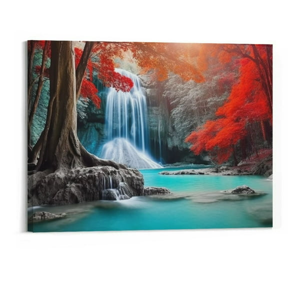 PRATYUS Fall Forest Wall Art Nature Landscape Canvas Prints Season Mountain Waterfall Pictures Wall Decor fro Bathroom Bedroom Red Tree Park Paintings Modern Frame Artwork Home Decorations-20x16inch