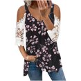 thumbnail image 2 of Fiudx Ofertas Relámpago Camiseta Sin Tirantes con Estampado de Manga Corta y Costuras de Encaje con Cuello En V de Verano para Mujer, 2 of 5