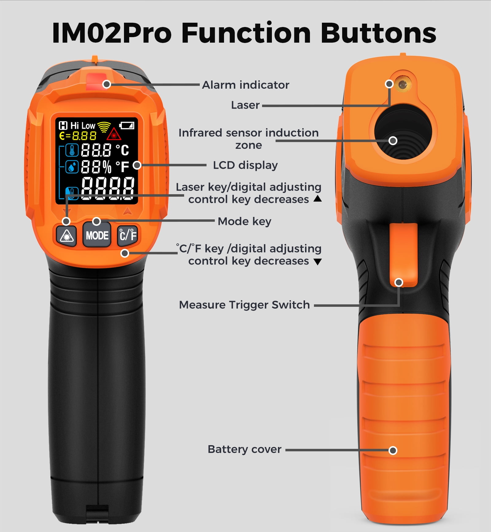Smart Infrared Thermometer -50℃ to 380℃ Infrared Sensor Ambient Temperature Measurement Non-contact IR Thermometer High/Low Alarm
