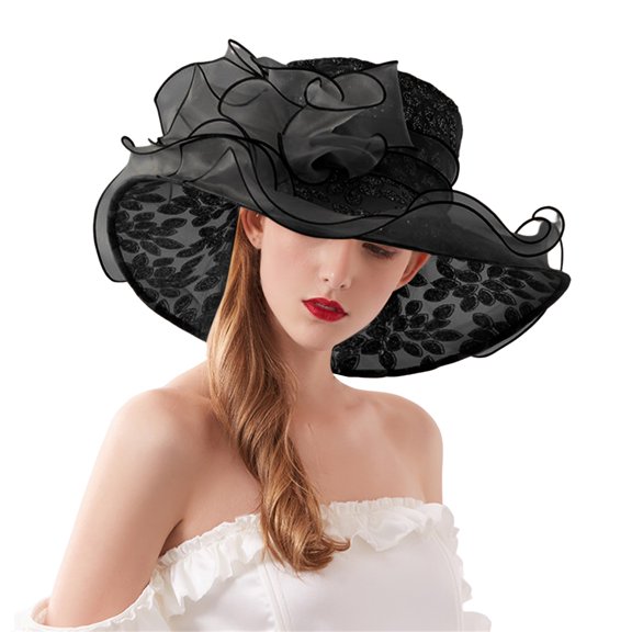 Prolriy Kenntucky Derby Hats for Women New Big Sandal with Hot Diamond Flower Sunshade Hat for Women Summer Beach Sun Hat Chiffon Mesh Sun Hats for Women Fascinators Hats for Women Black
