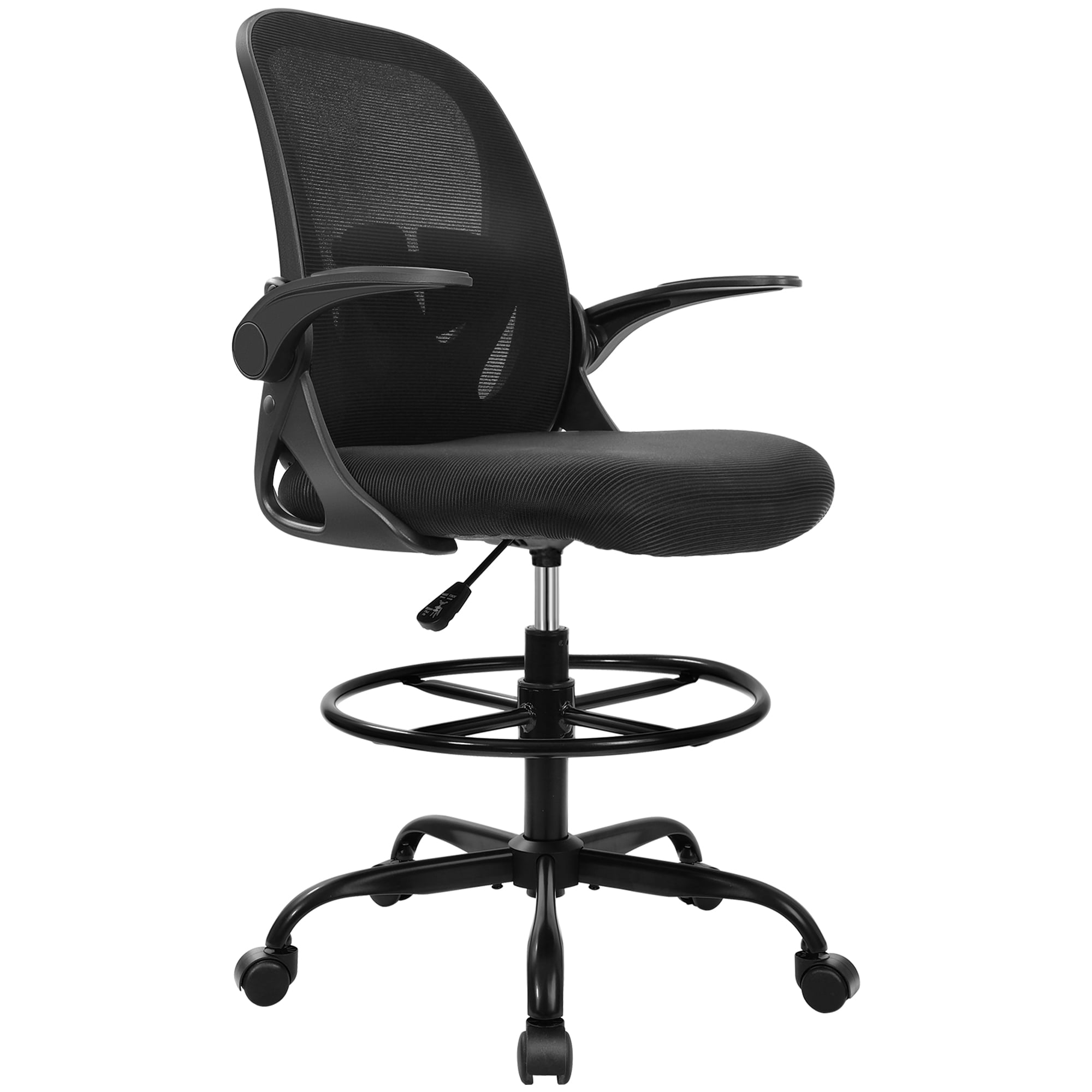 STACOO Ergonomic Office Chair, Drafting Chair with Flip-up Armrests, Executive Computer Standing Desk Chair with Lumbar Support and Adjustable Footrest Ring, Black
