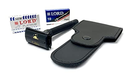 Double Edge Safety Razor- Long Black Handle- Travel Case and 10 DE blades Included + Gift Box