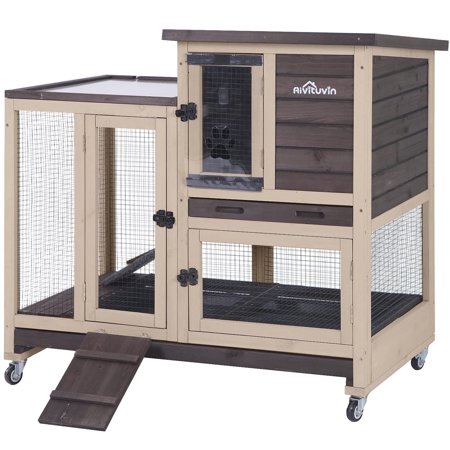 Aivituvin Wooden Rabbit Hutch with Two Slide Tray Outdoor Bunny Cage Indoor Guinea Pig Habitat - Coffee