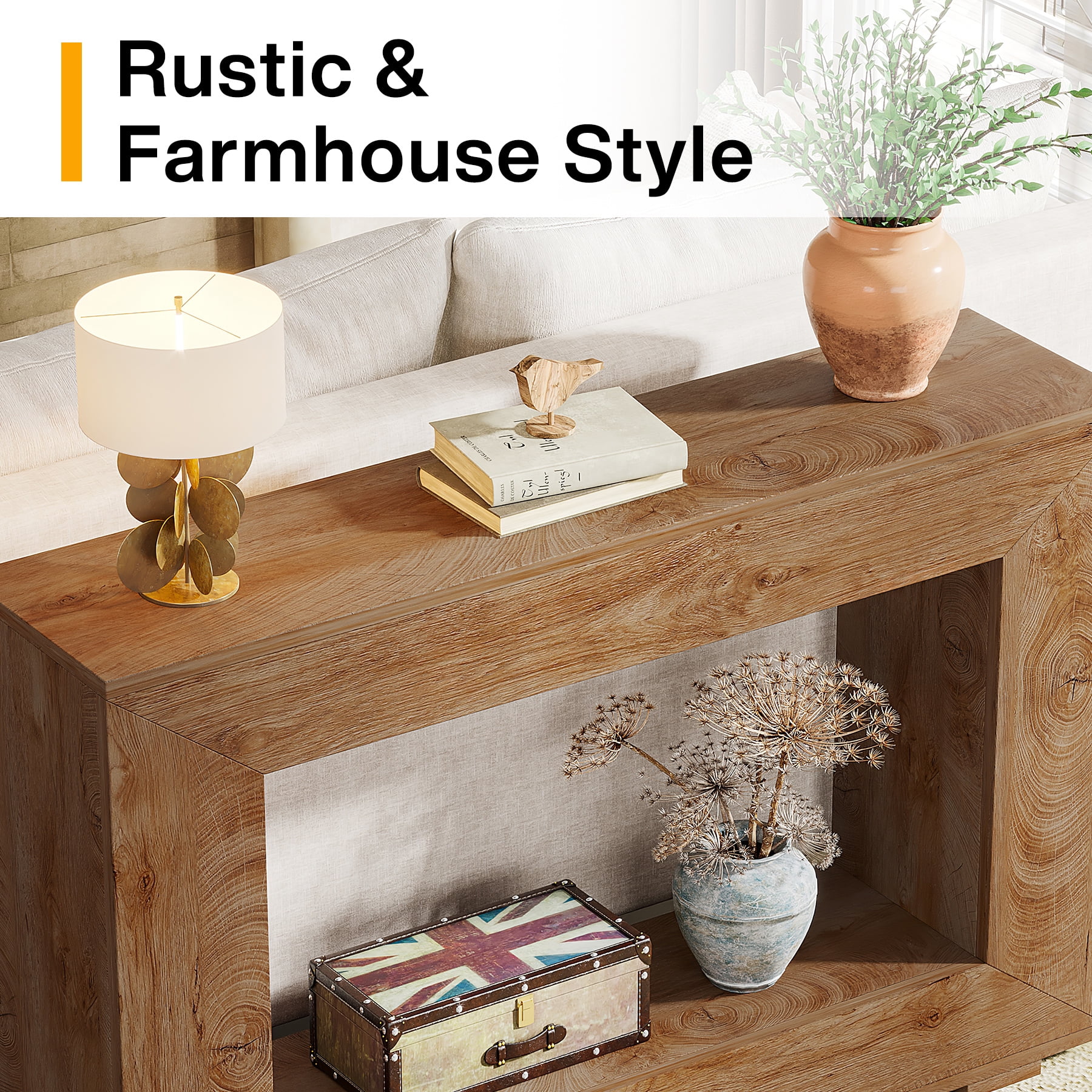 Finmind 47" Farmhouse Console Table, Industrial Entryway Console Table with Storage, Wood Accent Table for Hallway, Living Room, Entrance