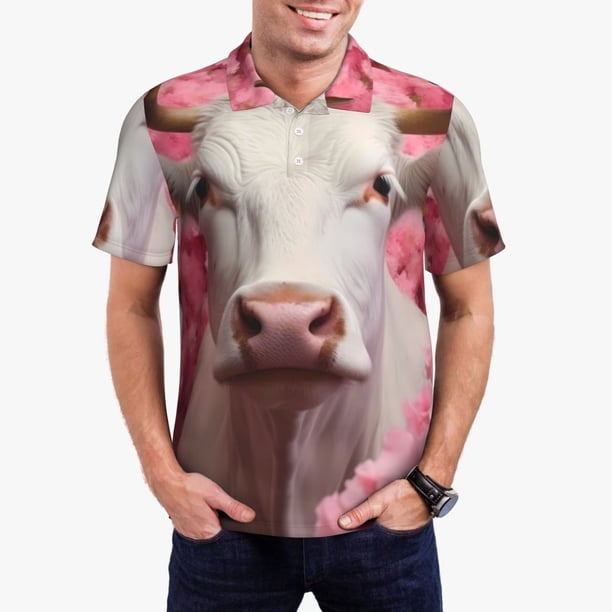 Fotbe Flower White Cow Camiseta Polo de Golf para Hombre con Estampado – Camisa Deportiva Transpirable con Cuello Abotonado-Large