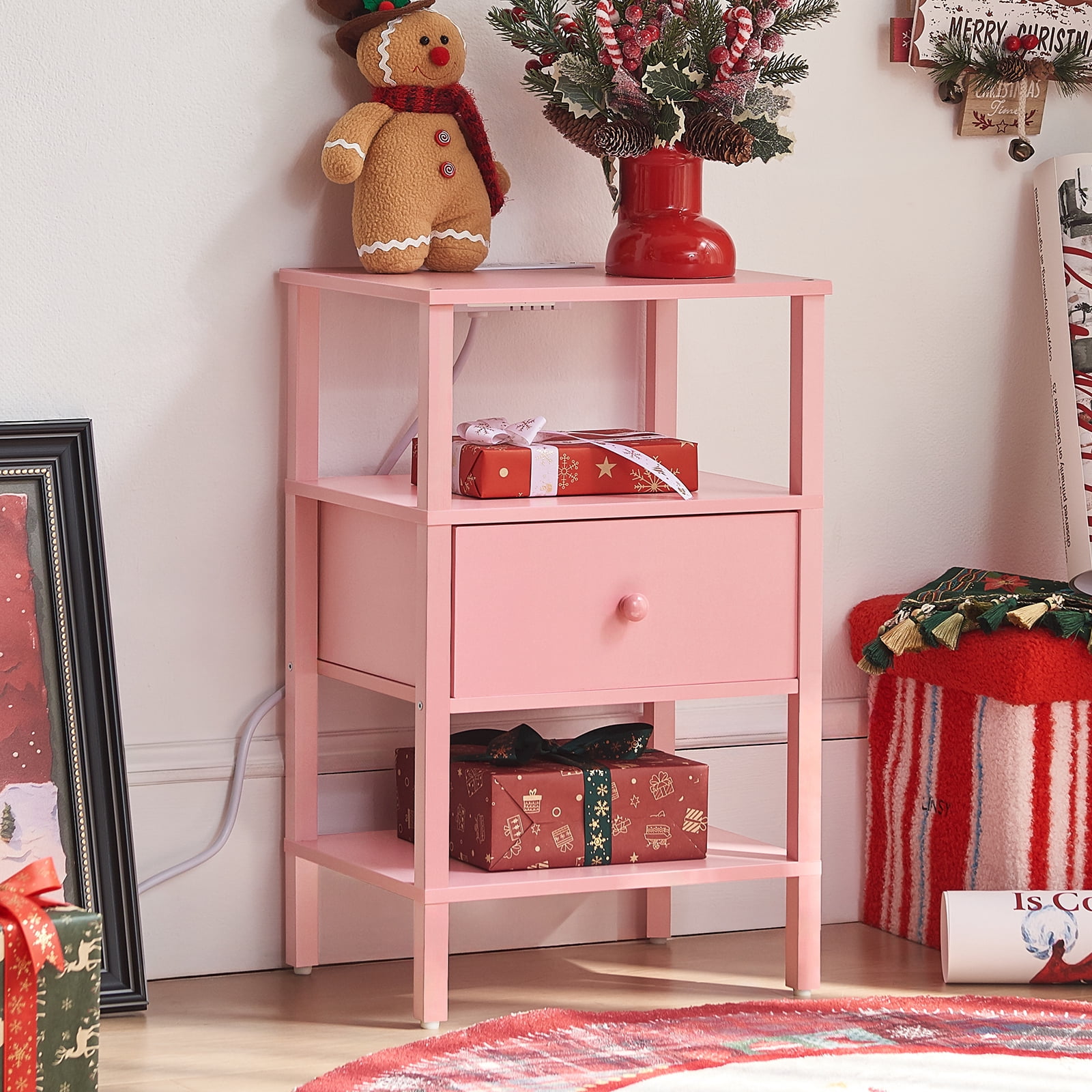 LEYAOYAO 3-Tier Narrow End Table with Charging Station, Wood Side Table for Living Room, Pink