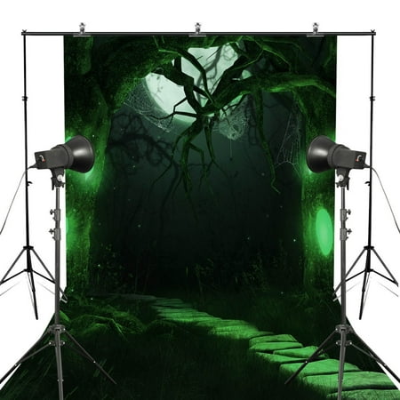 GreenDecor Polyester Fabric 5x7ft Halloween Green Picture Photography Background Old Tree Forest Path Backdrop