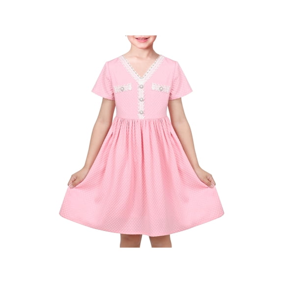 Girls Dress Lace Pearl V Neck Knit Texture Short Sleeve Princess 4 Years