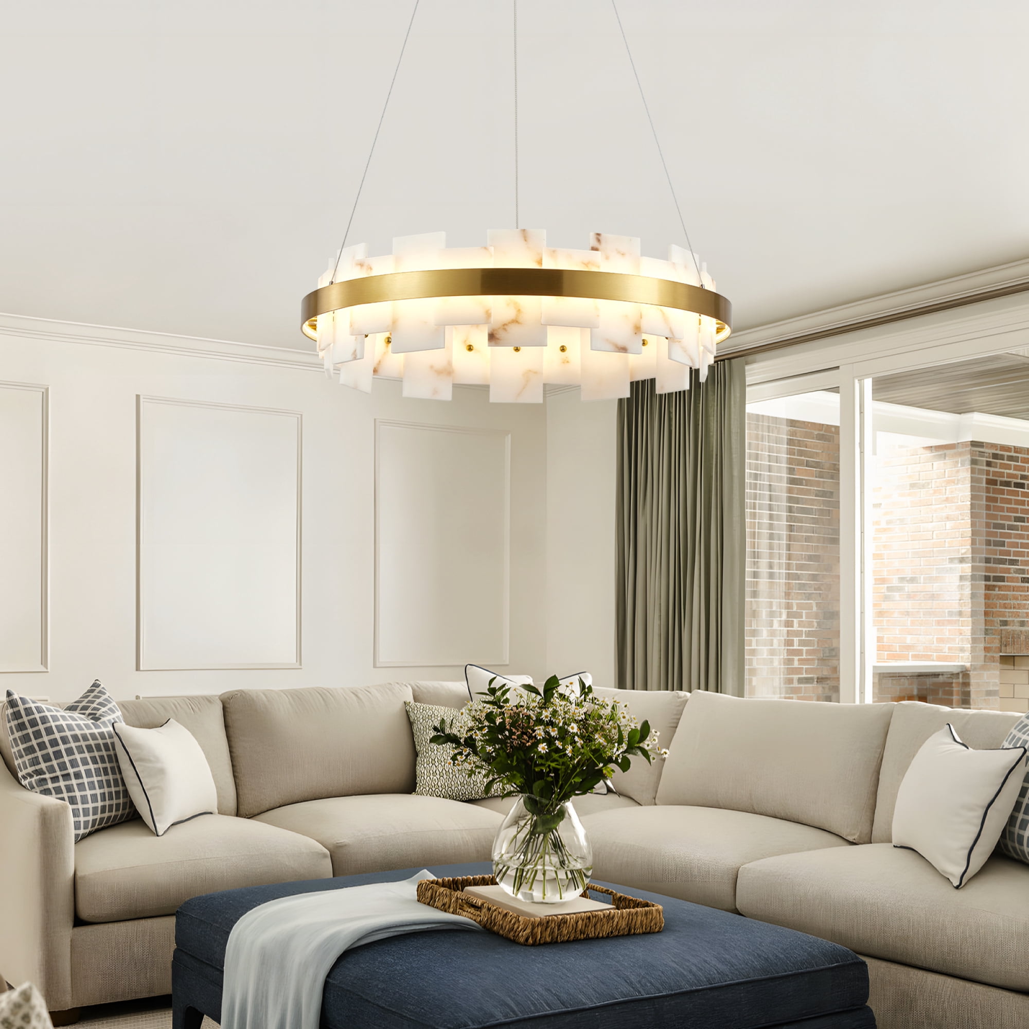 Leumius Modern Alabaster Linear Chandelier, 20 Inch Round Adjustable Flushmount Ceiling Light Fixture for Living Room, Over Table, Bedroom, Hallway, Entryway