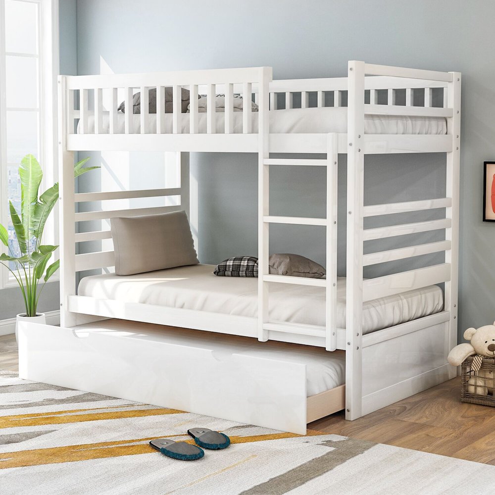 Merax Twin over Twin Solid Wood Bunk Bed with Trundle, Multiple Colors