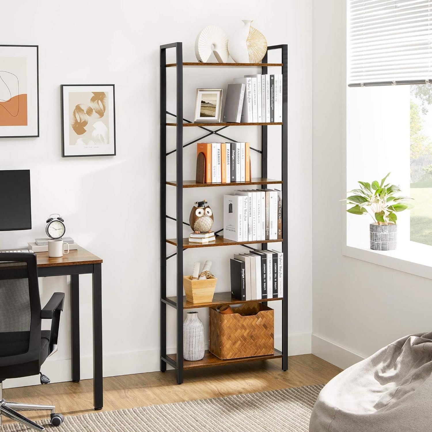 Boutique Home 6-Tier Bookcase Storage Shelf Steel Frame Ideal for Living Room Study Office Hallway