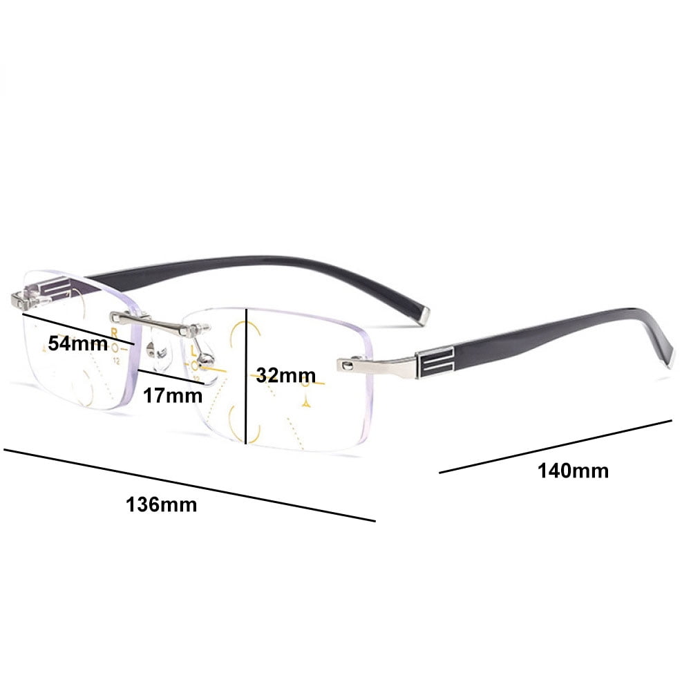 Mens Rimless Progressive Reading Glasses 2.75 Multifocus Blue Light Blocking Business Gunmetal Rectangular Readers +2.75 Strength