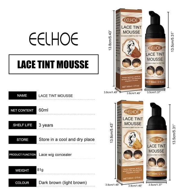 mousse para tinte de encaje, corrector para pelucas de encaje, pelucas de cabello, tu tono, secado rápido, seguro y práctico, 60 ml — Envase de mousse de 60 ml con dispensador de espuma y caja; etiqueta indica color A; ilustraciones de aplicación y resultados antes/después en el borde de la peluca; dimensiones impresas y marca Jovati. También suele usarse para retoques rápidos en la línea de nacimiento del cabello.