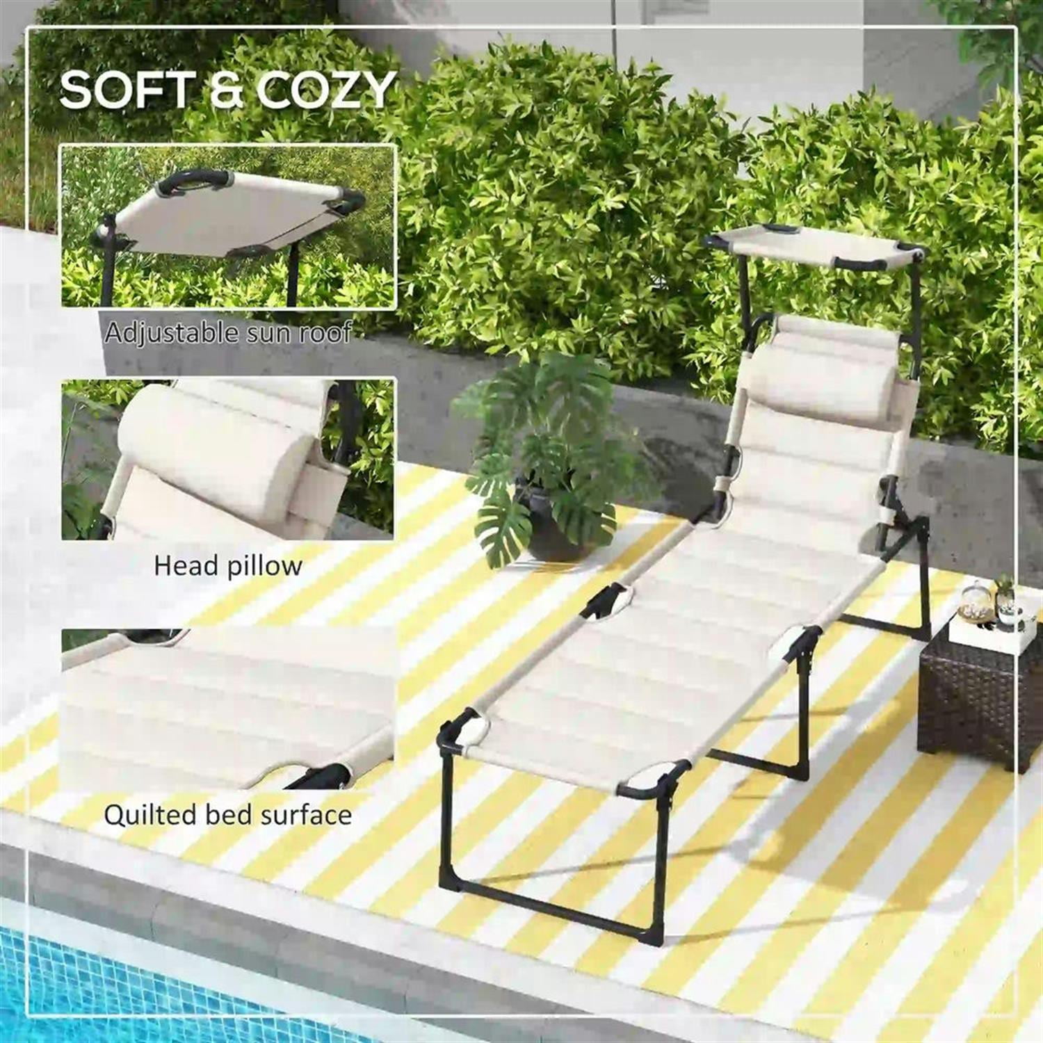 Demi Bonn 2-Piece Outdoor Folding Lounger Chair with 4-Position Backrest, Comfortable Cushions & Sun Canopy for Beach, Yard, Patio, White
